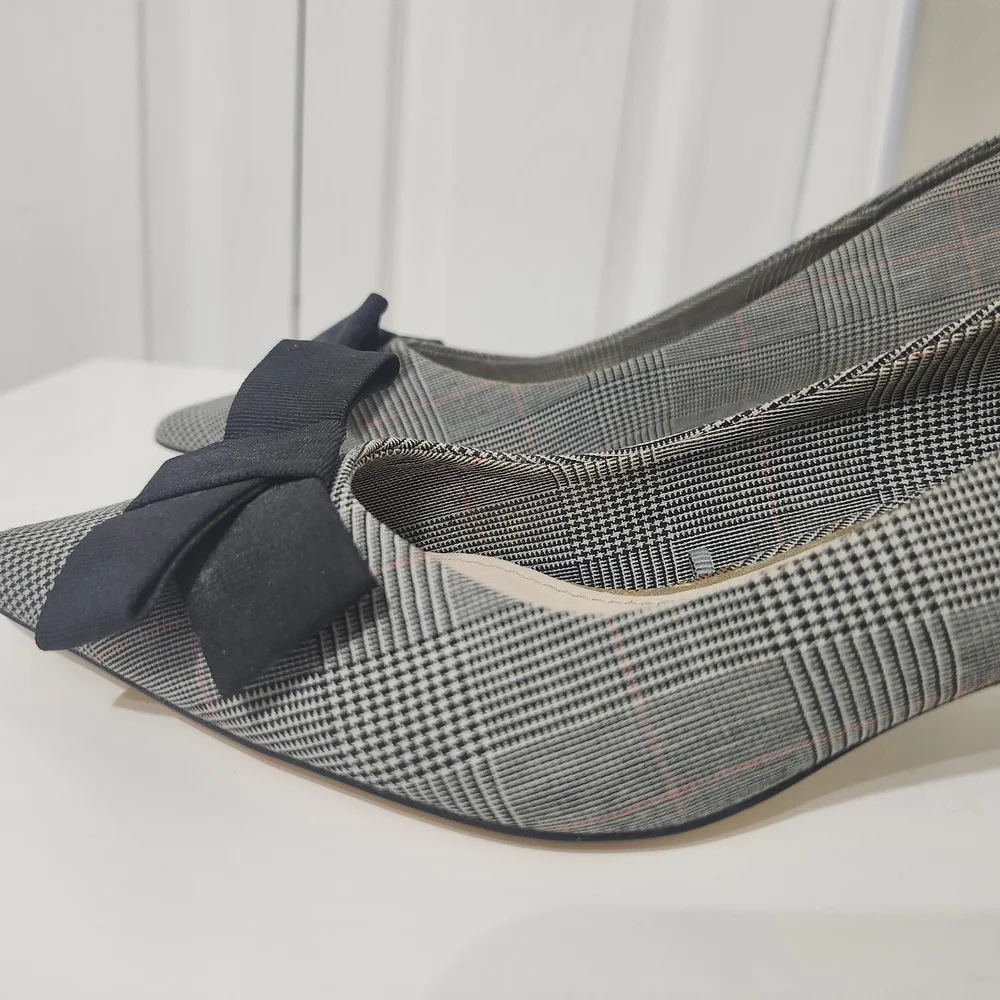 Zara Women’s Black Gray Plaid Bow Mini Heels EU 36 Pumps Office Career Shoes - Picture 10 of 16